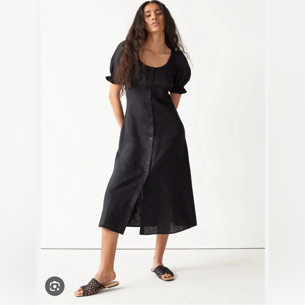 & Other Stories Black Linen buttoned Midi Dress